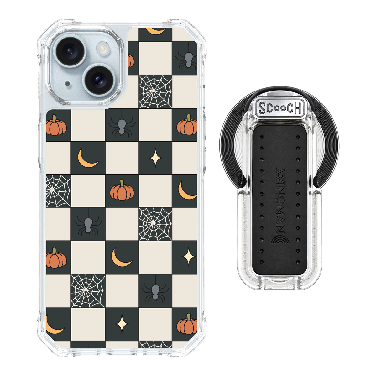 Scooch MagCase Spooky Squares magsafe wingback bundle - clear featuring the original Spooky Squares print