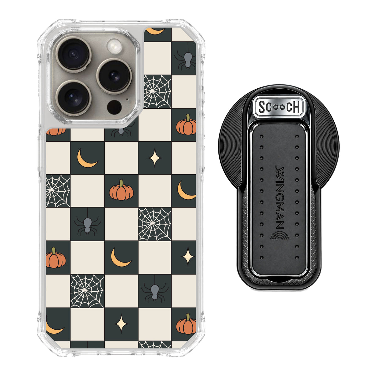 Scooch MagCase Spooky Squares magsafe wingback bundle - black featuring the original Spooky Squares print