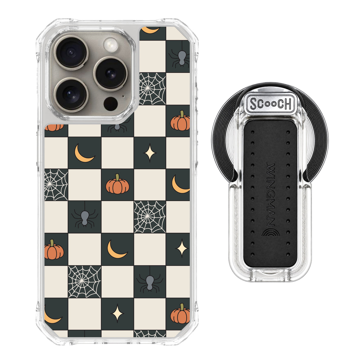 Scooch MagCase Spooky Squares magsafe wingback bundle - clear featuring the original Spooky Squares print