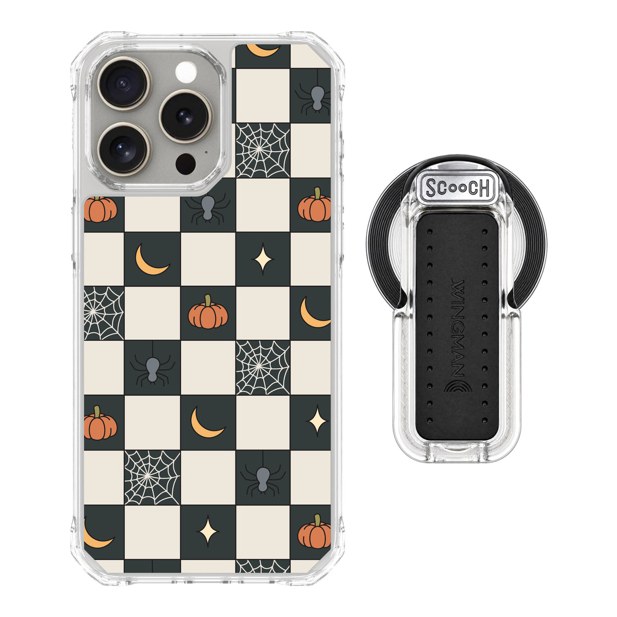 Scooch MagCase Spooky Squares magsafe wingback bundle - clear featuring the original Spooky Squares print