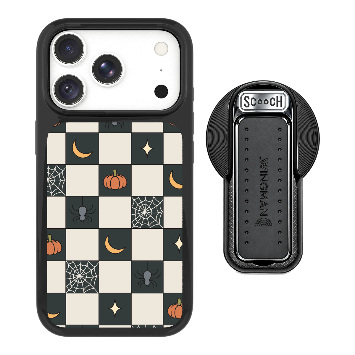 Scooch MagCase Spooky Squares magsafe wingback bundle - black featuring the original Spooky Squares print