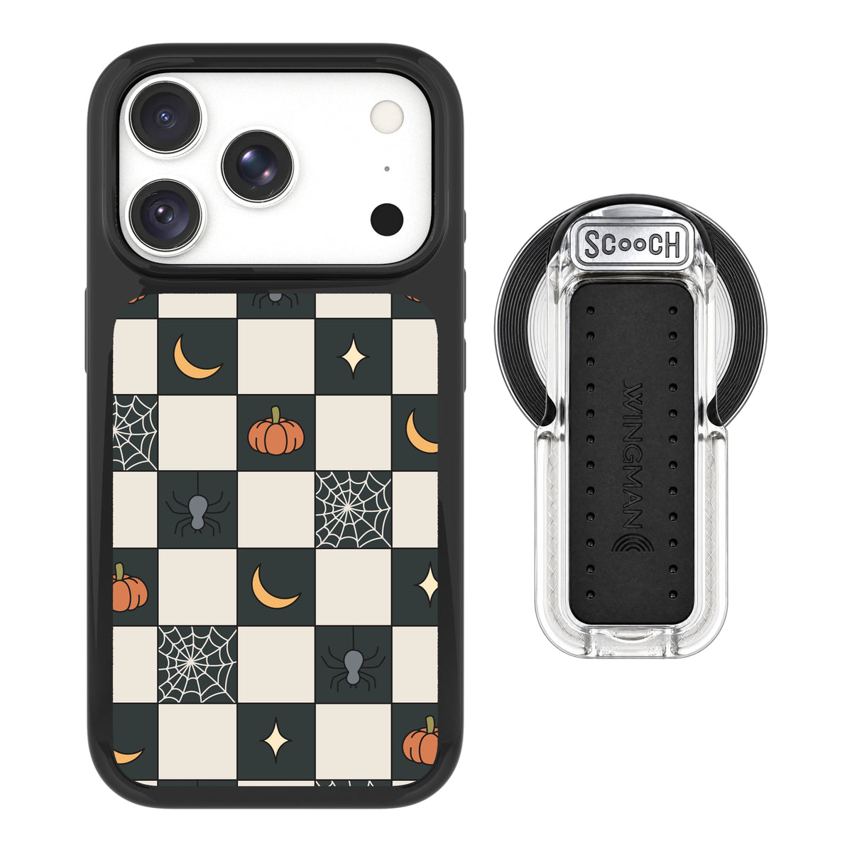 Scooch MagCase Spooky Squares magsafe wingback bundle - clear featuring the original Spooky Squares print