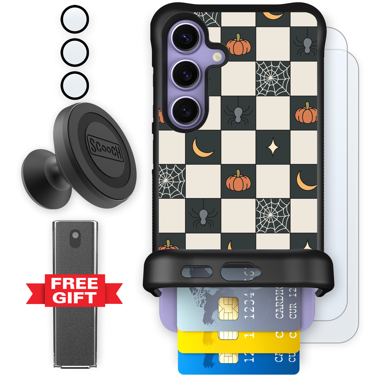Scooch Wingmate Spooky Squares defender bundle featuring the original Spooky Squares print