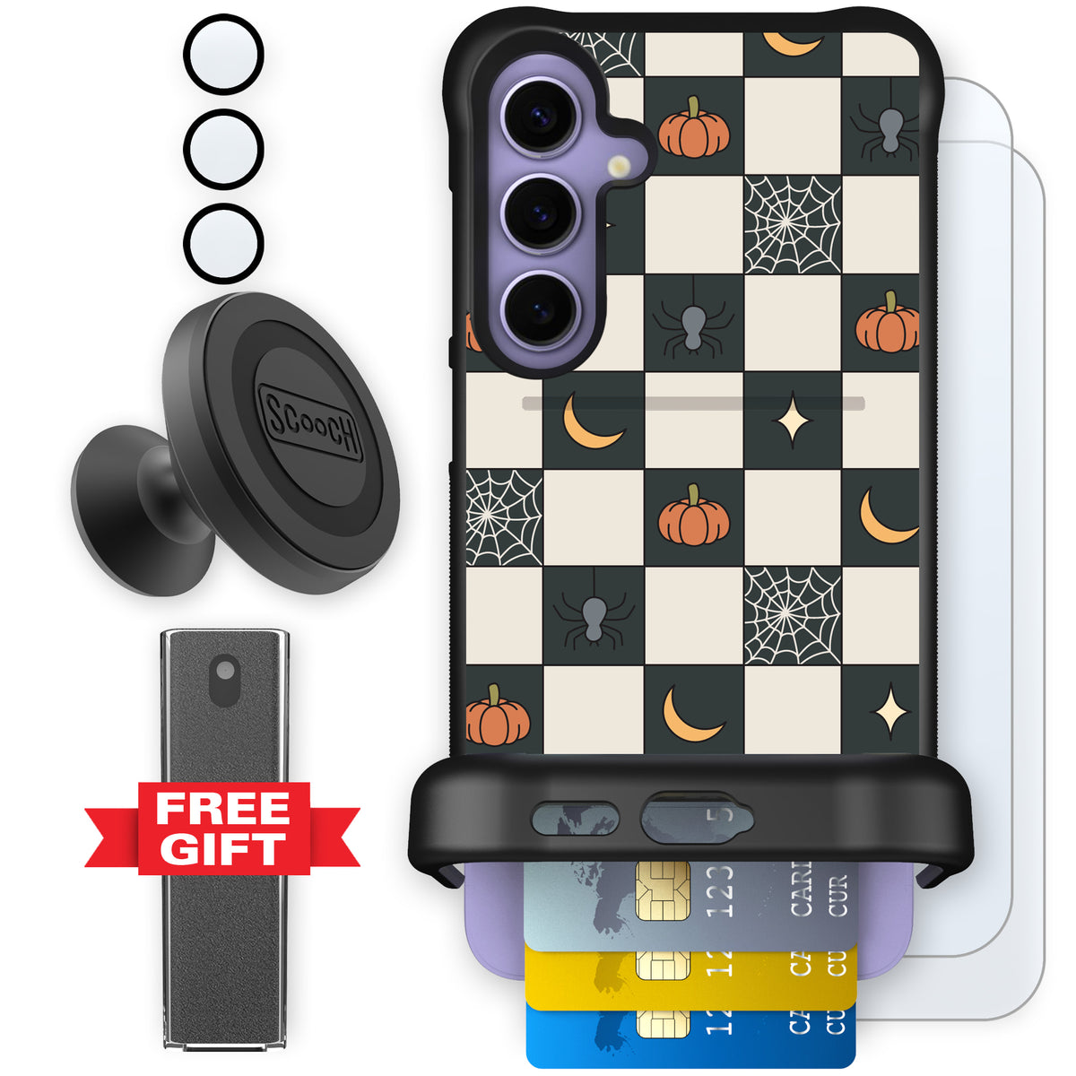 Scooch Wingmate Spooky Squares defender bundle featuring the original Spooky Squares print