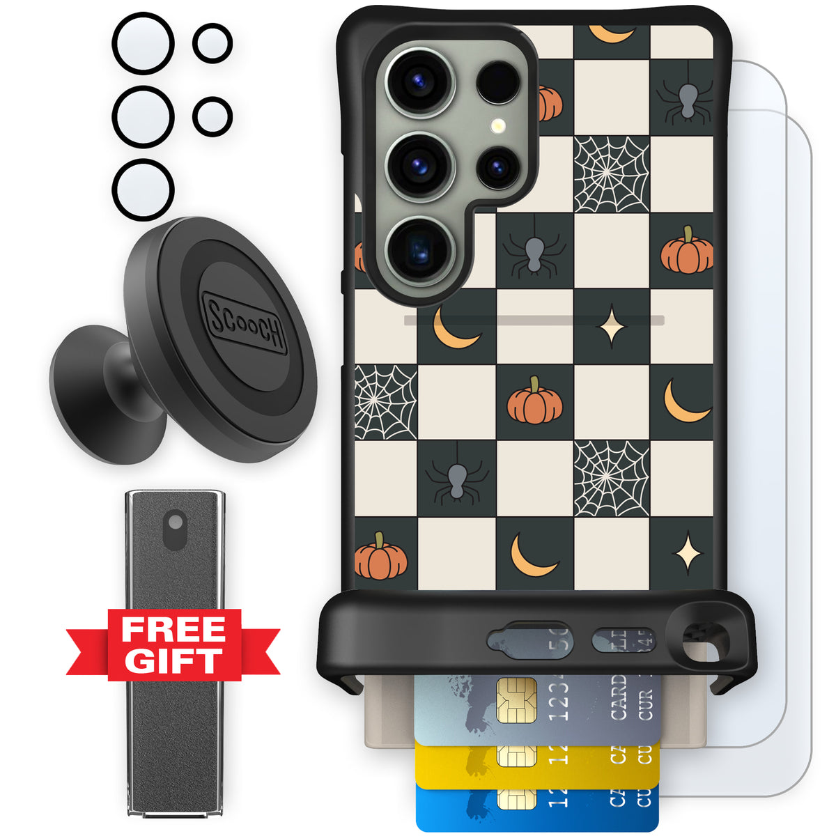 Scooch Wingmate Spooky Squares defender bundle featuring the original Spooky Squares print