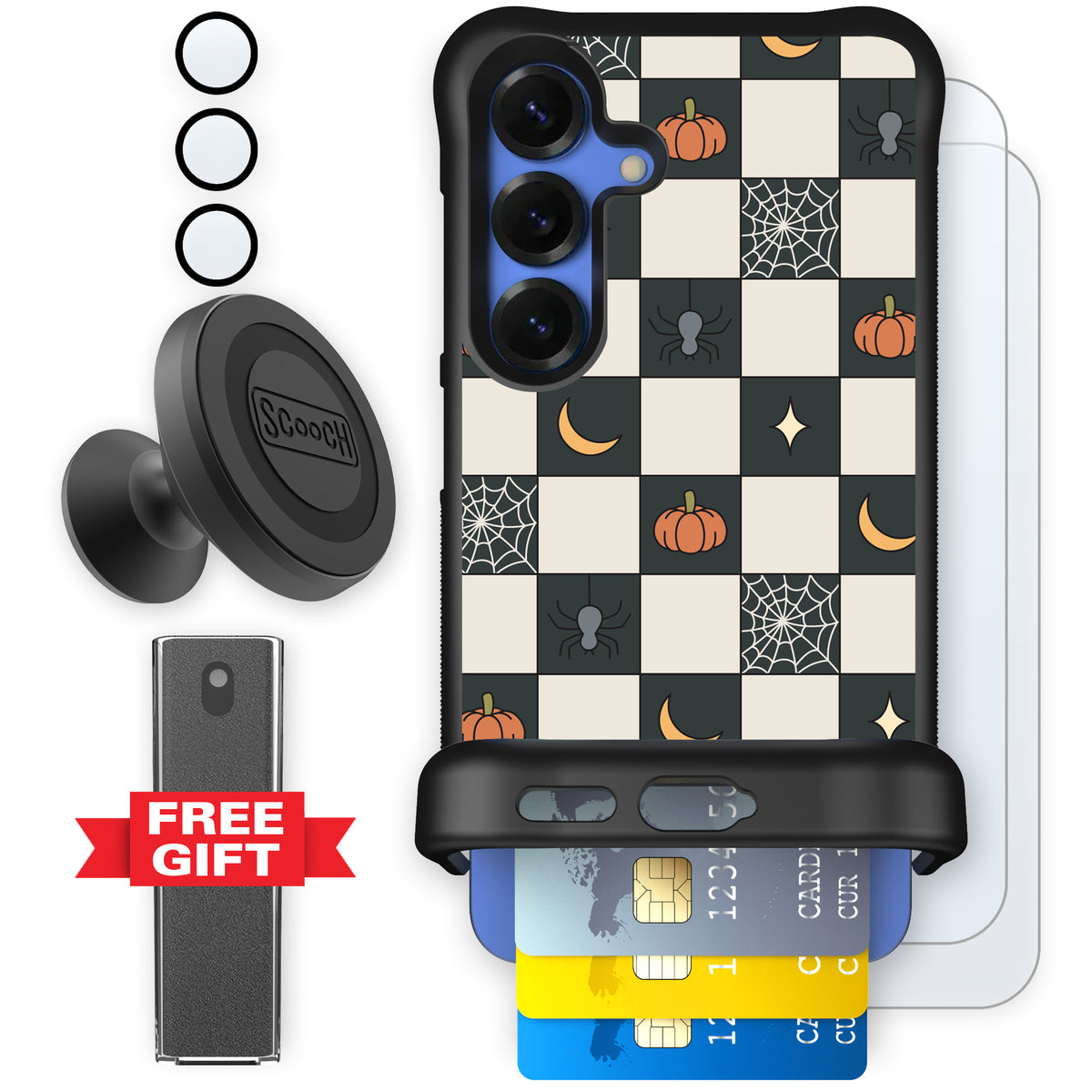 Scooch Wingmate Spooky Squares defender bundle featuring the original Spooky Squares print