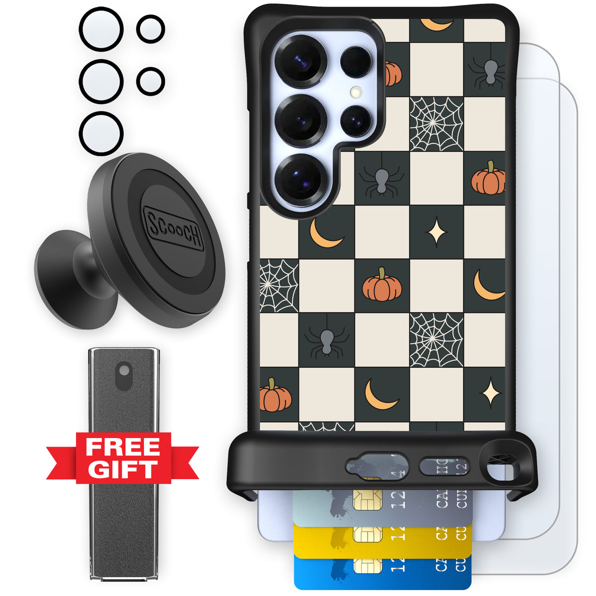 Scooch Wingmate Spooky Squares defender bundle featuring the original Spooky Squares print