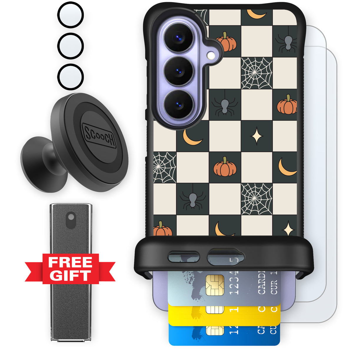 Scooch Wingmate Spooky Squares defender bundle featuring the original Spooky Squares print