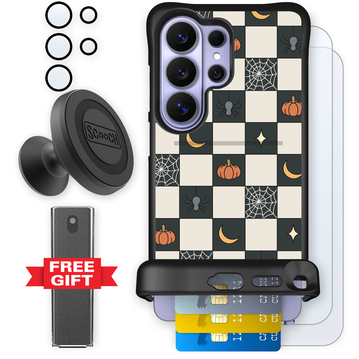 Scooch Wingmate Spooky Squares defender bundle featuring the original Spooky Squares print