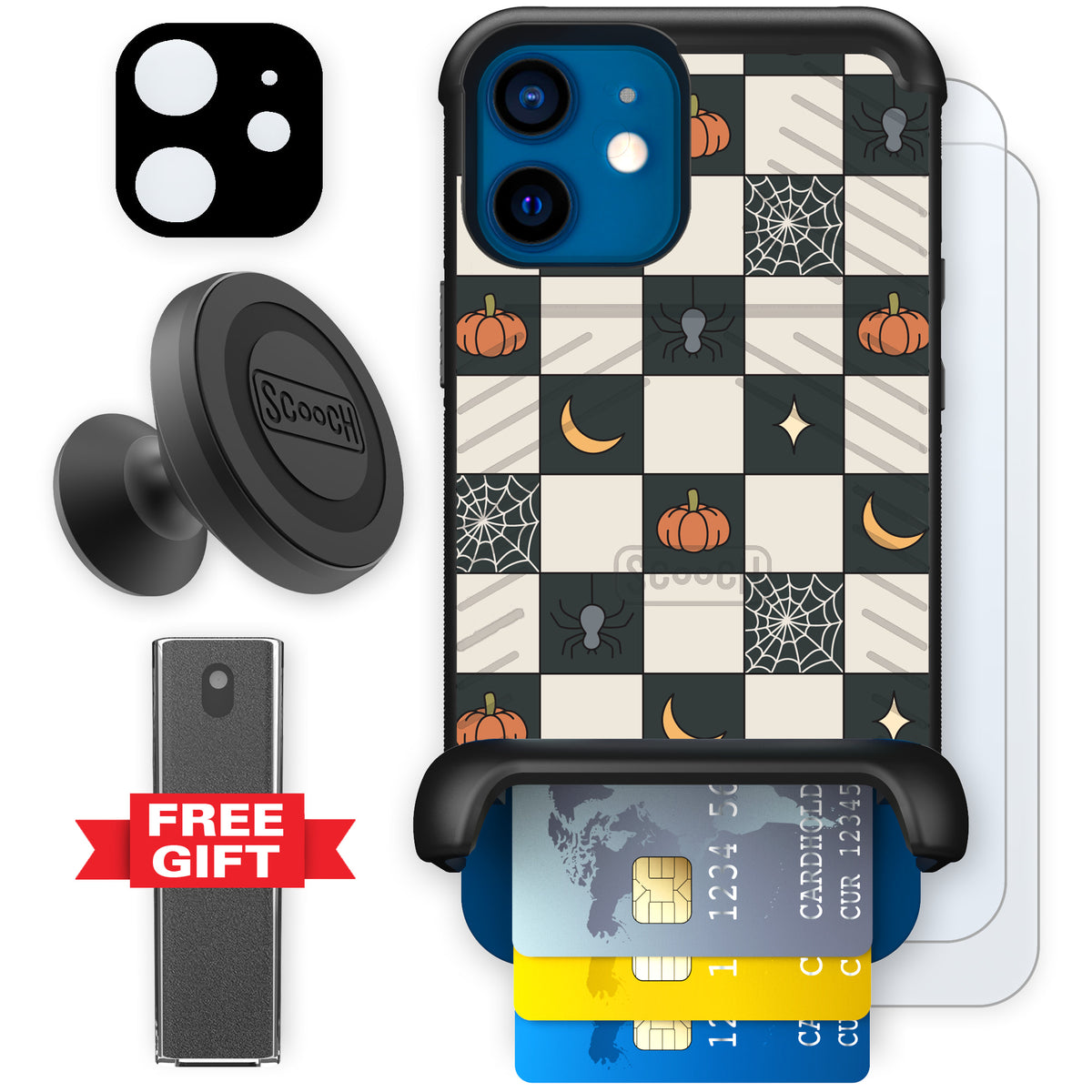 Scooch Wingmate Spooky Squares defender bundle featuring the original Spooky Squares print