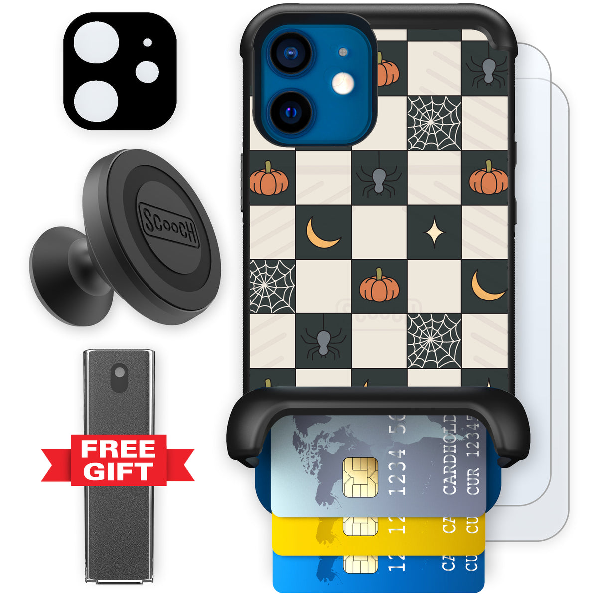 Scooch Wingmate Spooky Squares defender bundle featuring the original Spooky Squares print