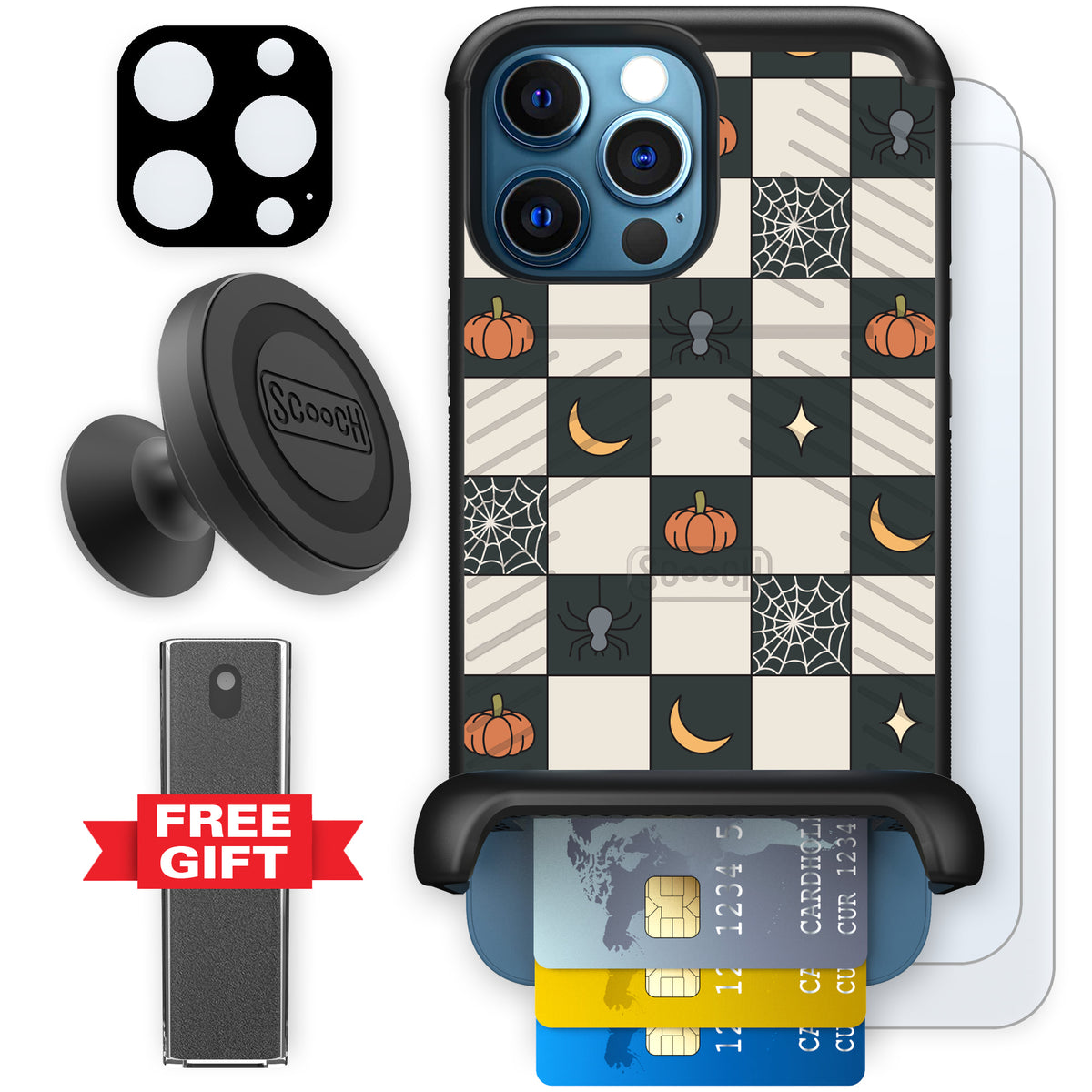Scooch Wingmate Spooky Squares defender bundle featuring the original Spooky Squares print