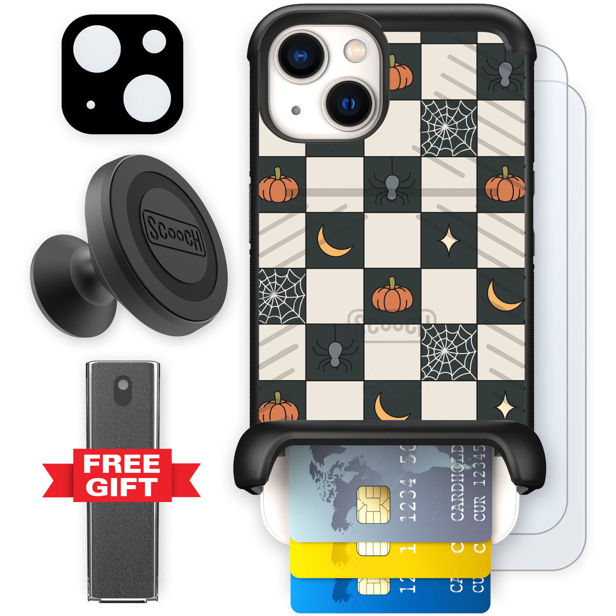 Scooch Wingmate Spooky Squares defender bundle featuring the original Spooky Squares print