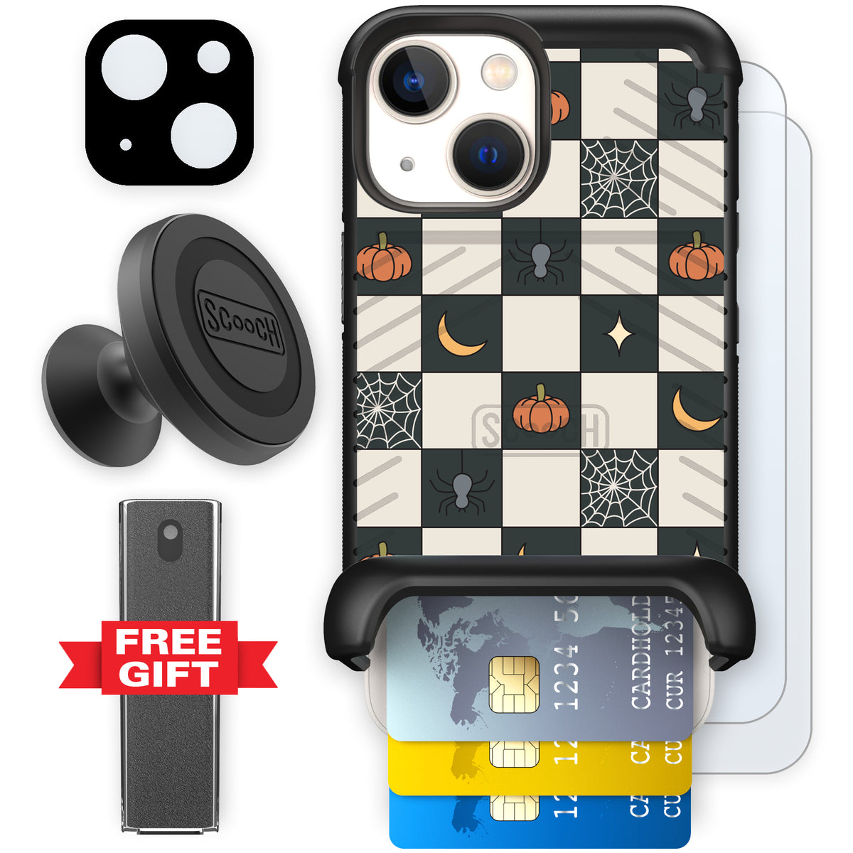 Scooch Wingmate Spooky Squares defender bundle featuring the original Spooky Squares print