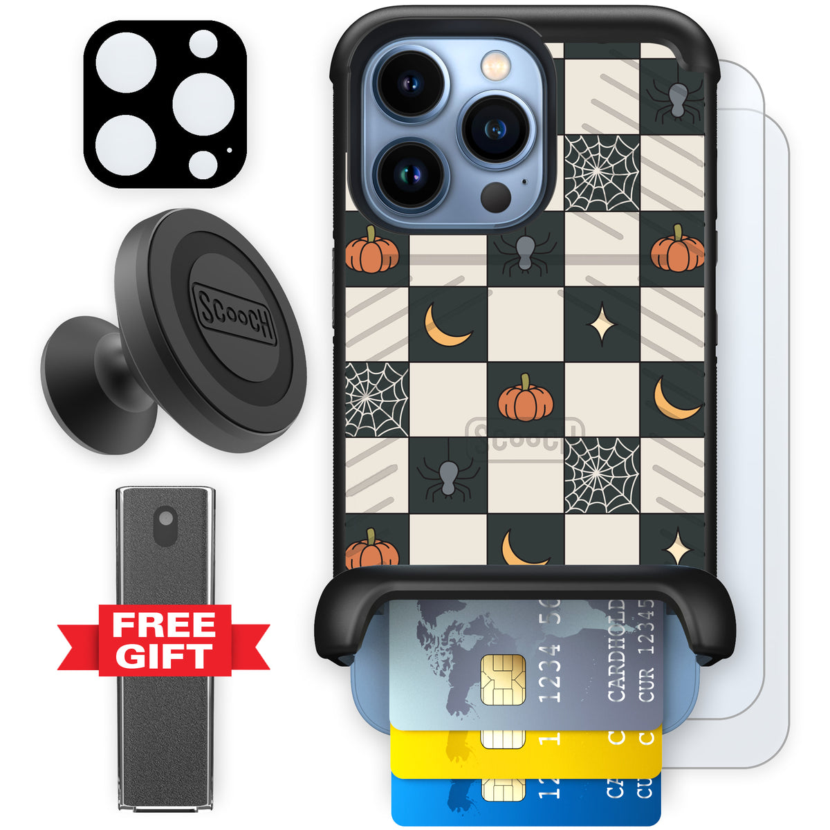 Scooch Wingmate Spooky Squares defender bundle featuring the original Spooky Squares print