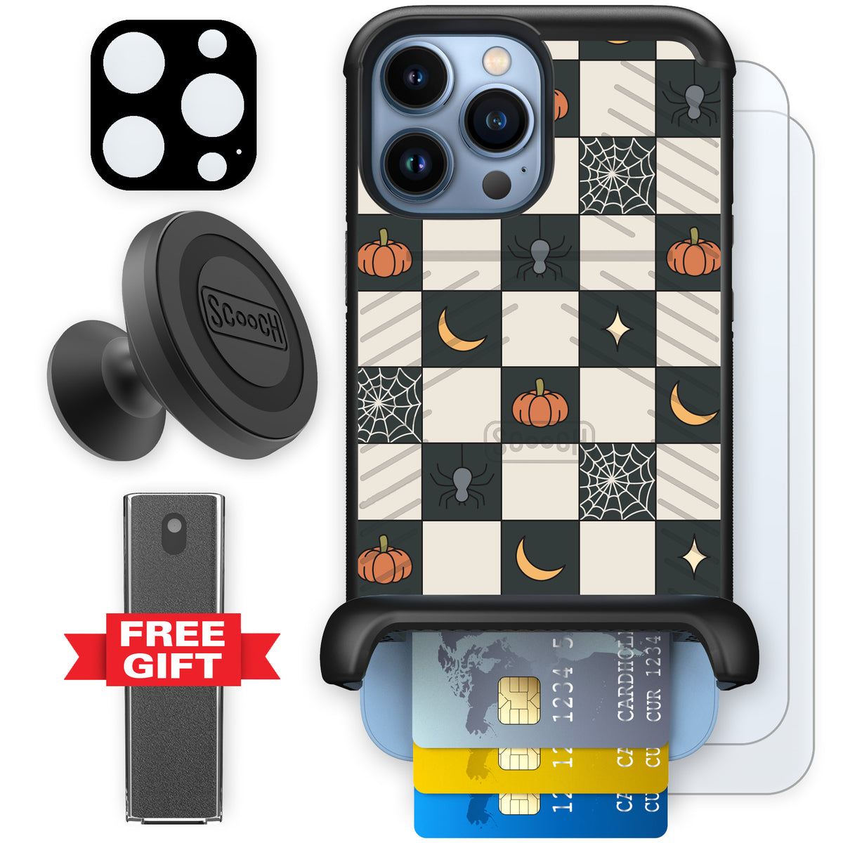 Scooch Wingmate Spooky Squares defender bundle featuring the original Spooky Squares print