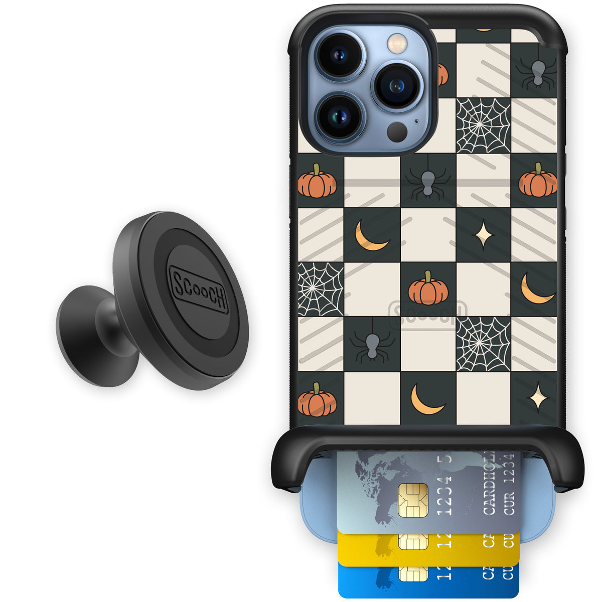 Scooch Wingmate Spooky Squares starter bundle featuring the original Spooky Squares print