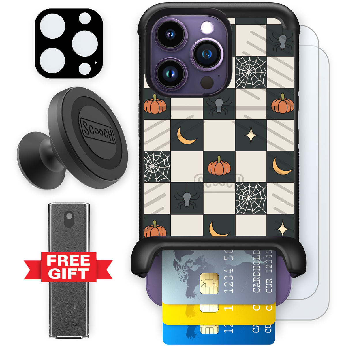 Scooch Wingmate Spooky Squares defender bundle featuring the original Spooky Squares print