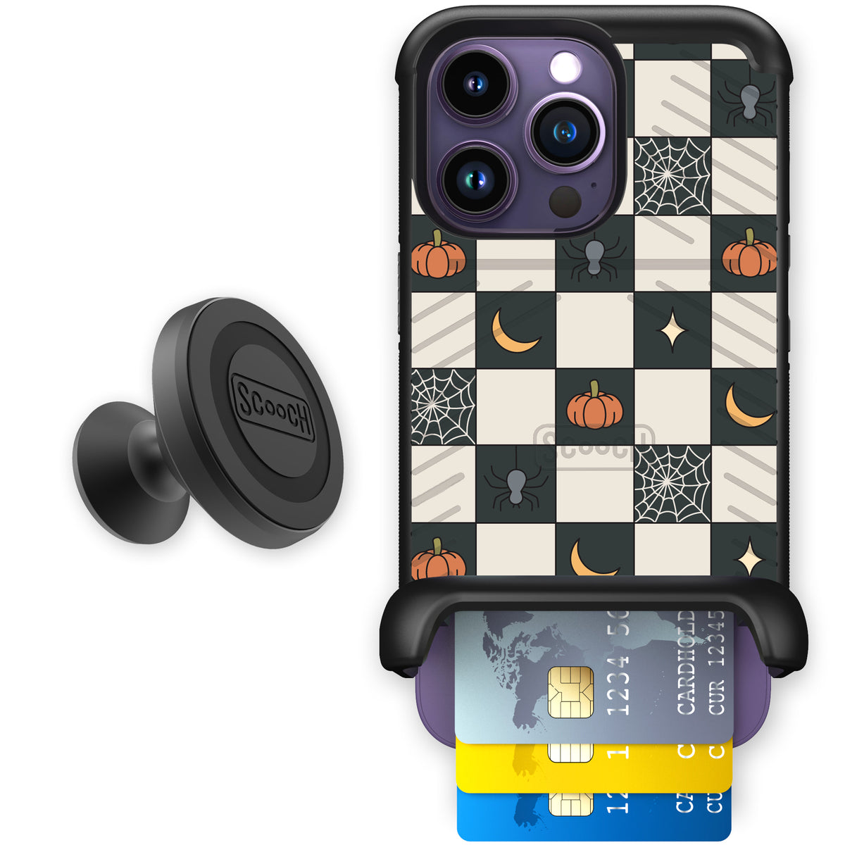 Scooch Wingmate Spooky Squares starter bundle featuring the original Spooky Squares print