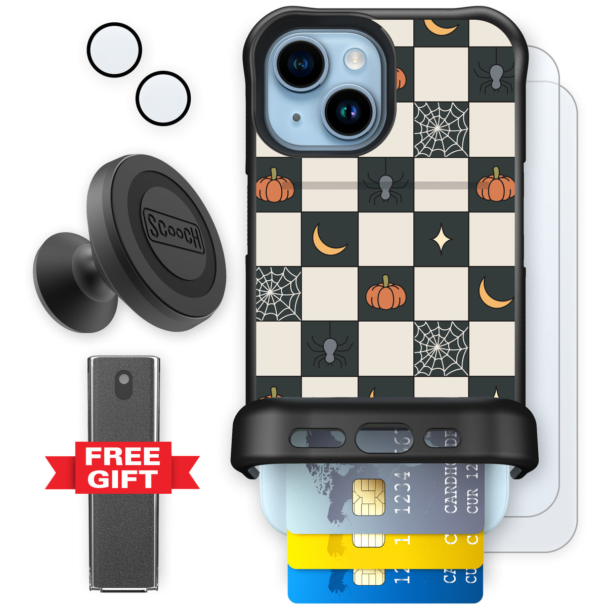Scooch Wingmate Spooky Squares defender bundle featuring the original Spooky Squares print