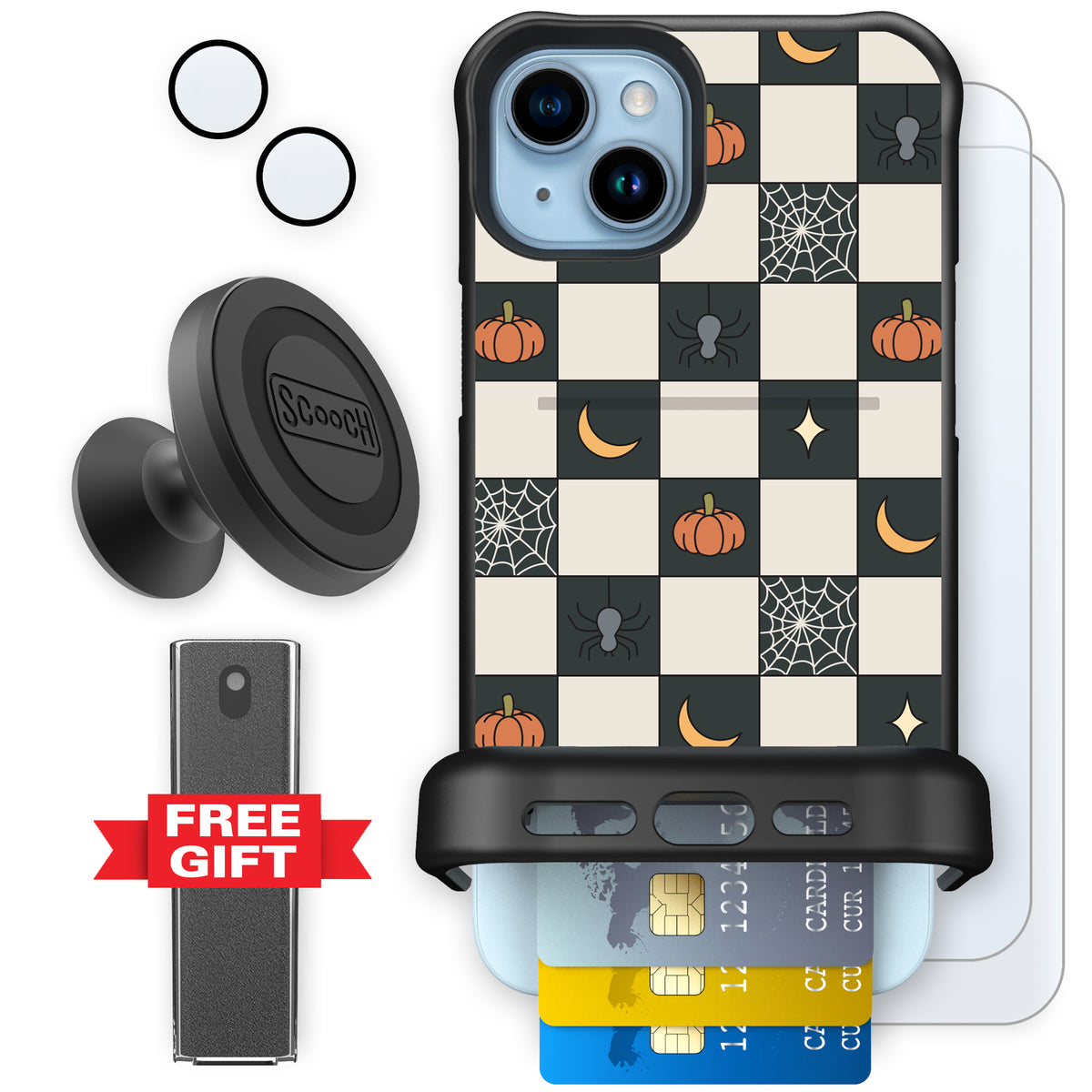 Scooch Wingmate Spooky Squares defender bundle featuring the original Spooky Squares print