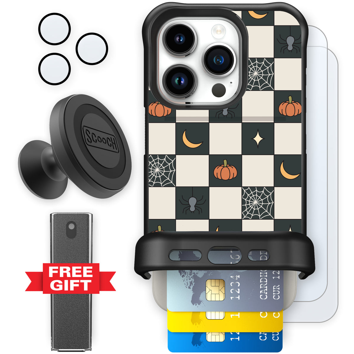 Scooch Wingmate Spooky Squares defender bundle featuring the original Spooky Squares print