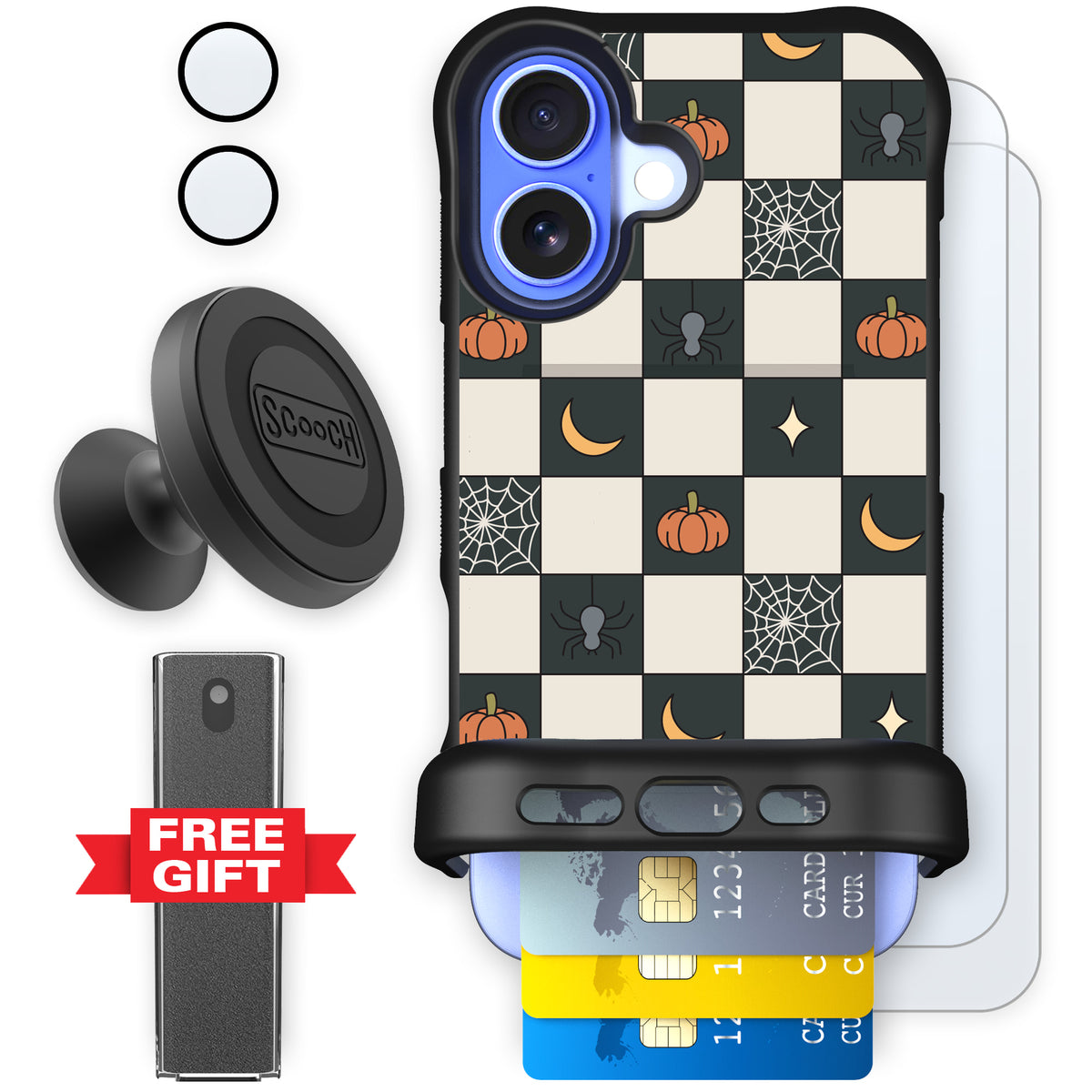 Scooch Wingmate Spooky Squares defender bundle featuring the original Spooky Squares print