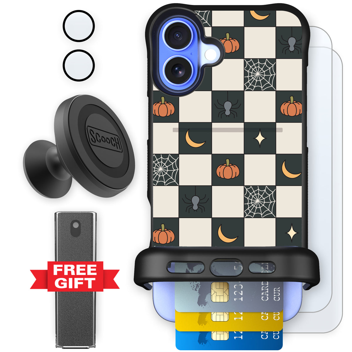 Scooch Wingmate Spooky Squares defender bundle featuring the original Spooky Squares print