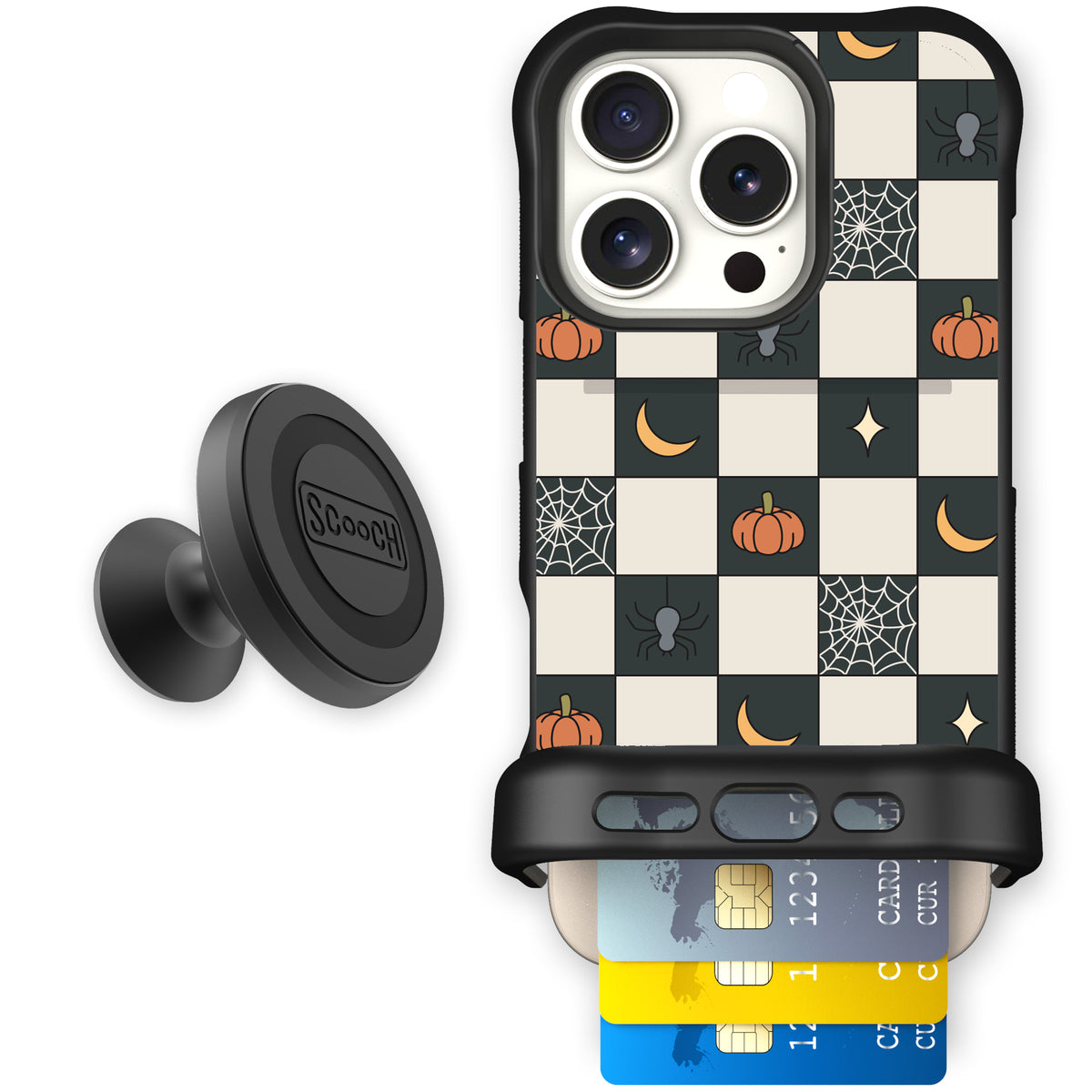 Scooch Wingmate Spooky Squares starter bundle featuring the original Spooky Squares print