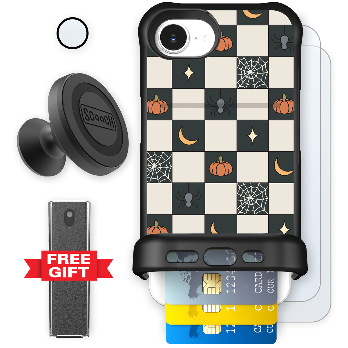 Scooch Wingmate Spooky Squares defender bundle featuring the original Spooky Squares print