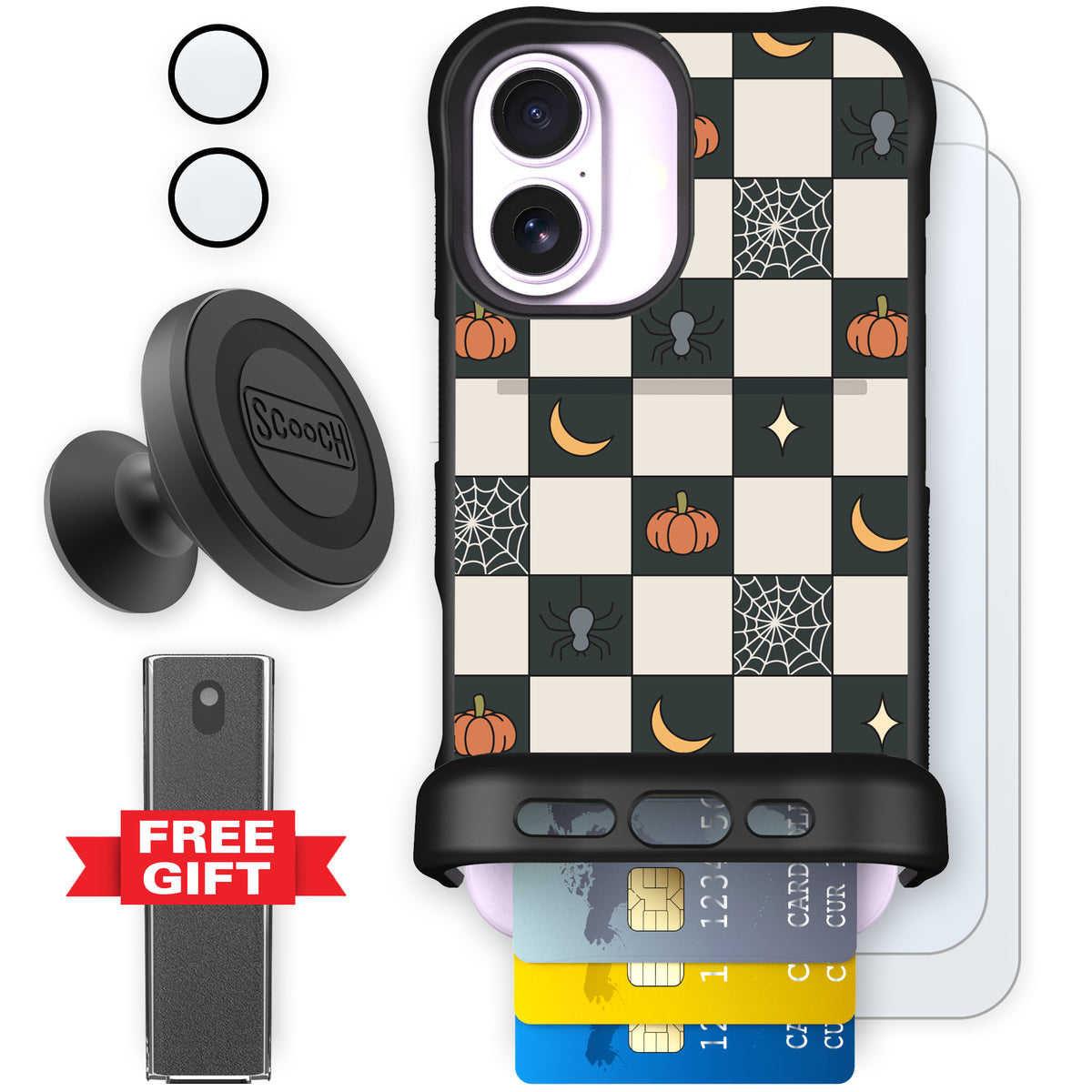 Scooch Wingmate Spooky Squares defender bundle featuring the original Spooky Squares print