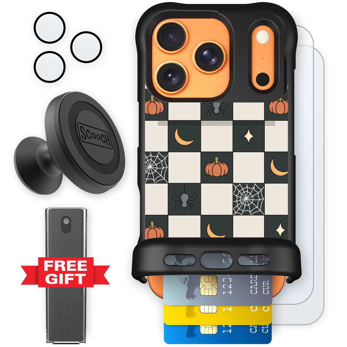 Scooch Wingmate Spooky Squares defender bundle featuring the original Spooky Squares print