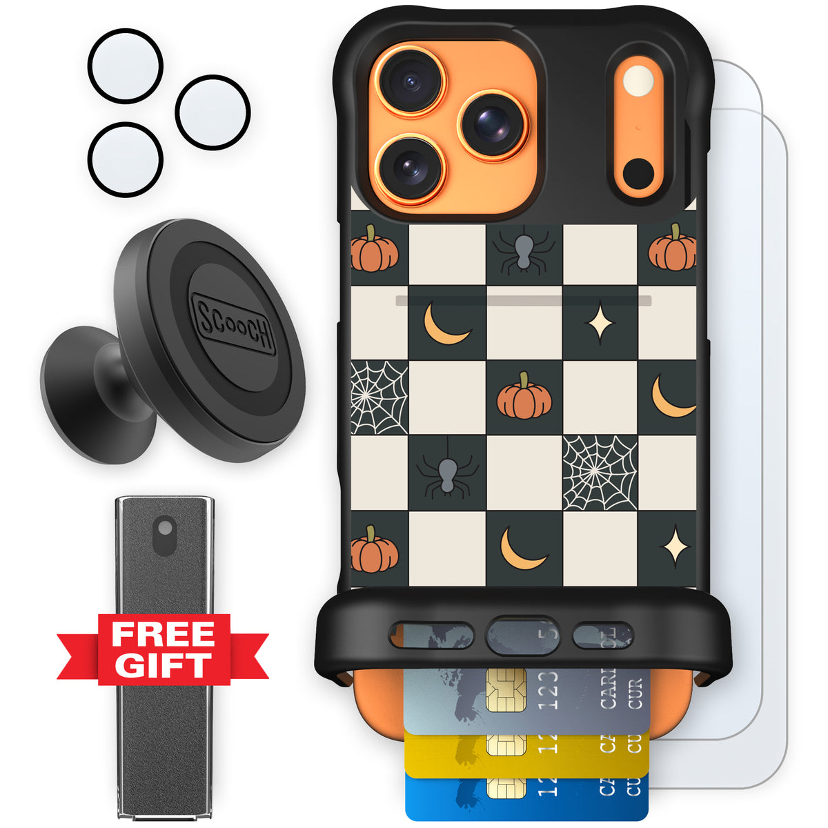 Scooch Wingmate Spooky Squares defender bundle featuring the original Spooky Squares print
