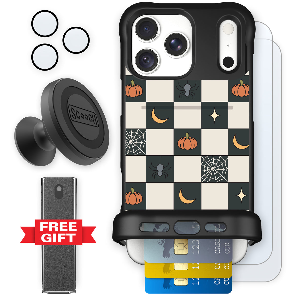 Scooch Wingmate Spooky Squares defender bundle featuring the original Spooky Squares print