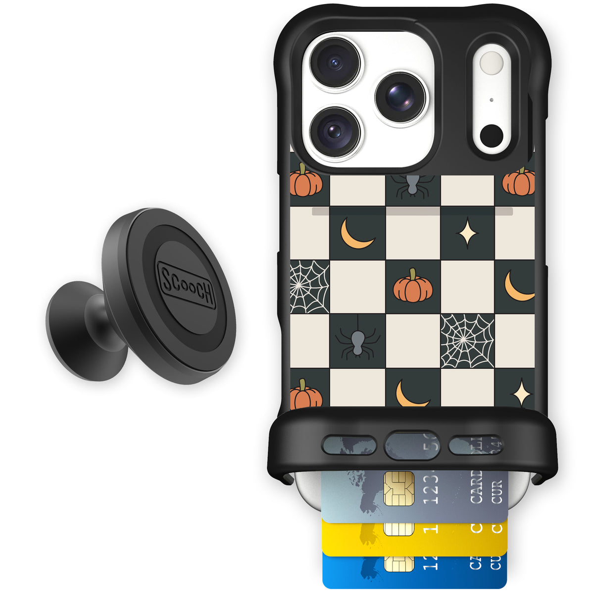 Scooch Wingmate Spooky Squares starter bundle featuring the original Spooky Squares print