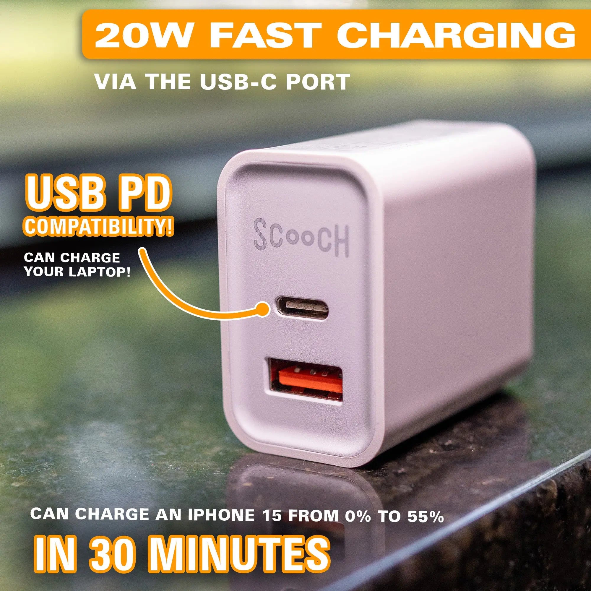 Scooch-20W Fast Charger with USB-A and USB-C Ports-