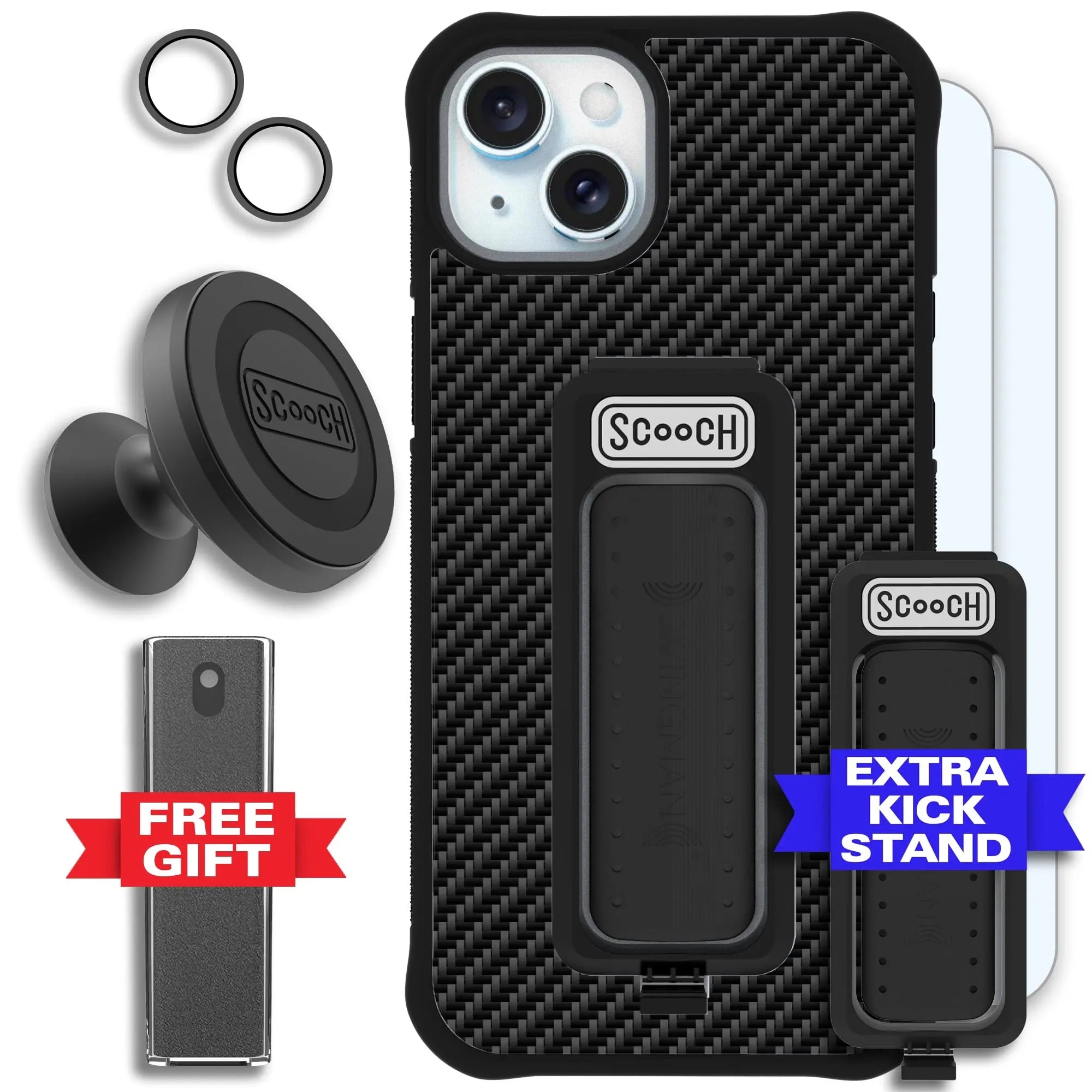 Scooch-Wingman Defender Bundle for iPhone 15 Plus-Carbon-Fiber-Black