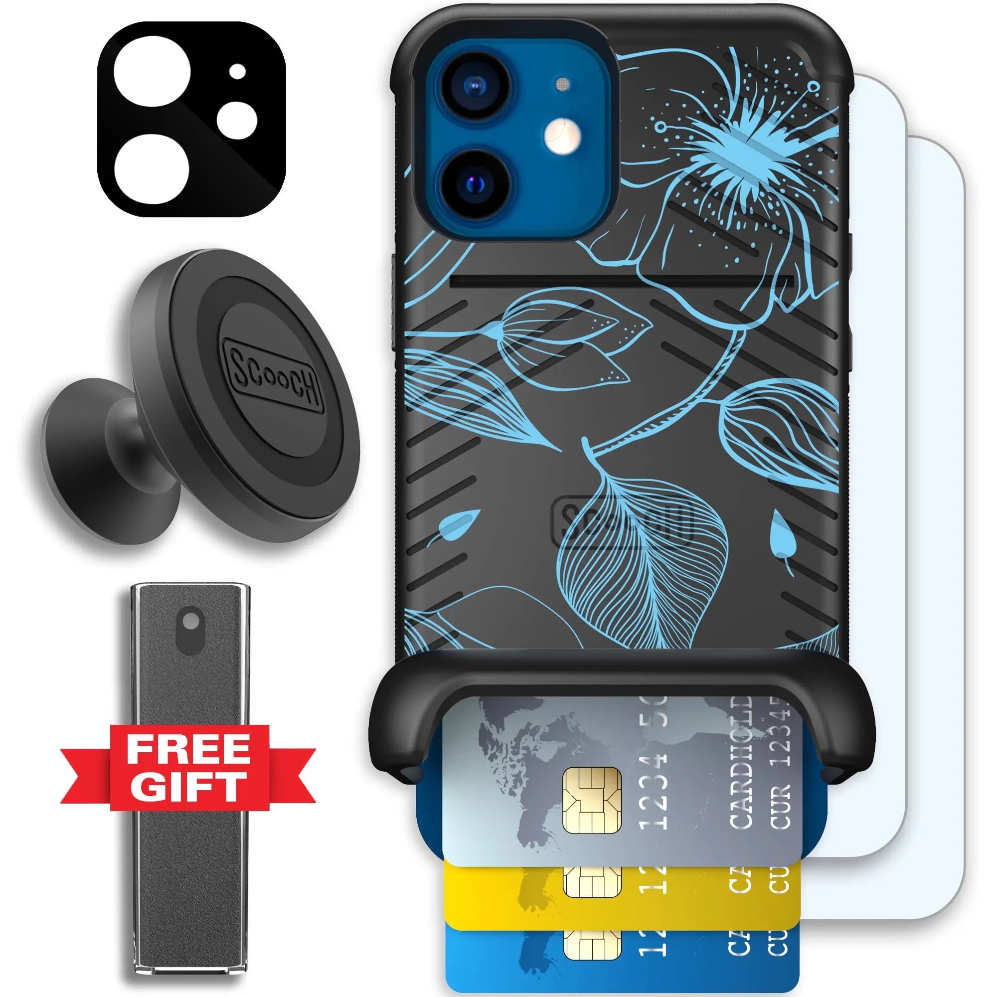 Scooch-Wingmate Defender Bundle for iPhone 12 Mini-Blue-Hibiscus