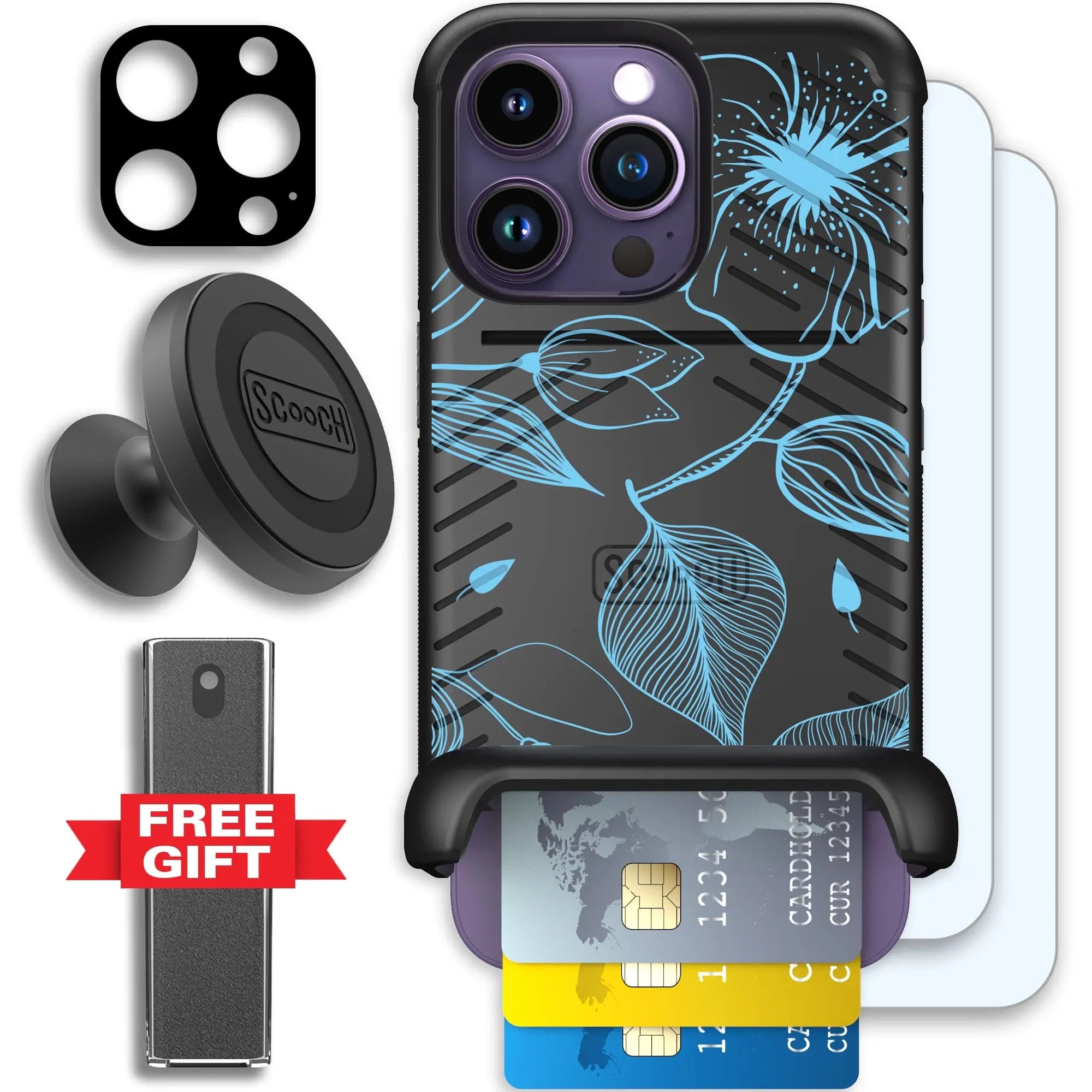 Scooch-Wingmate Defender Bundle for iPhone 14 Pro-Blue-Hibiscus