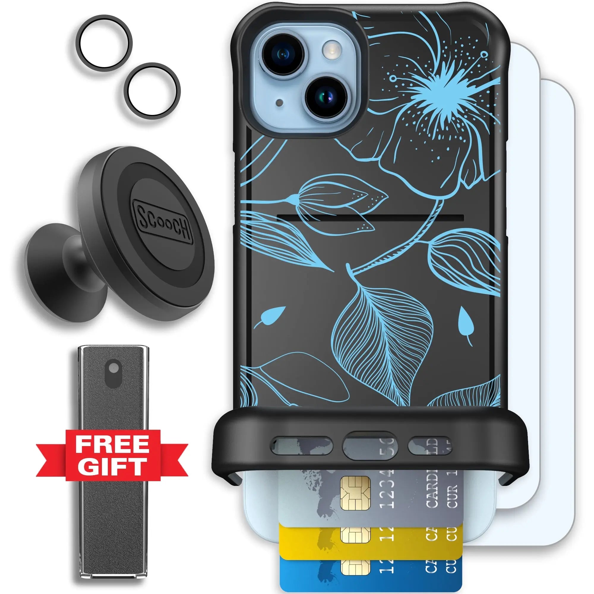 Scooch-Wingmate Defender Bundle for iPhone 15 Plus-Blue-Hibiscus