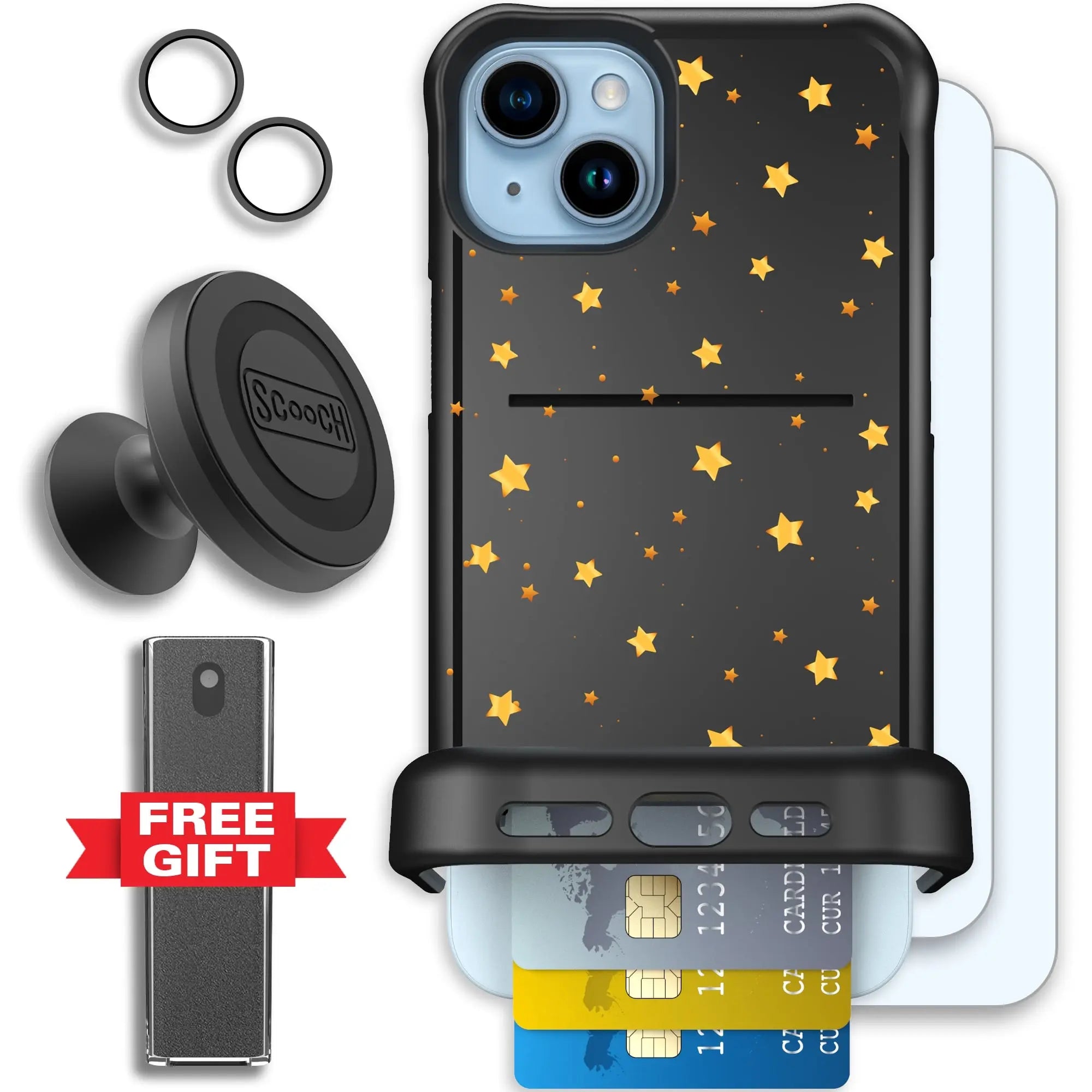 Scooch-Wingmate Defender Bundle for iPhone 15 Plus-Gold-Stars