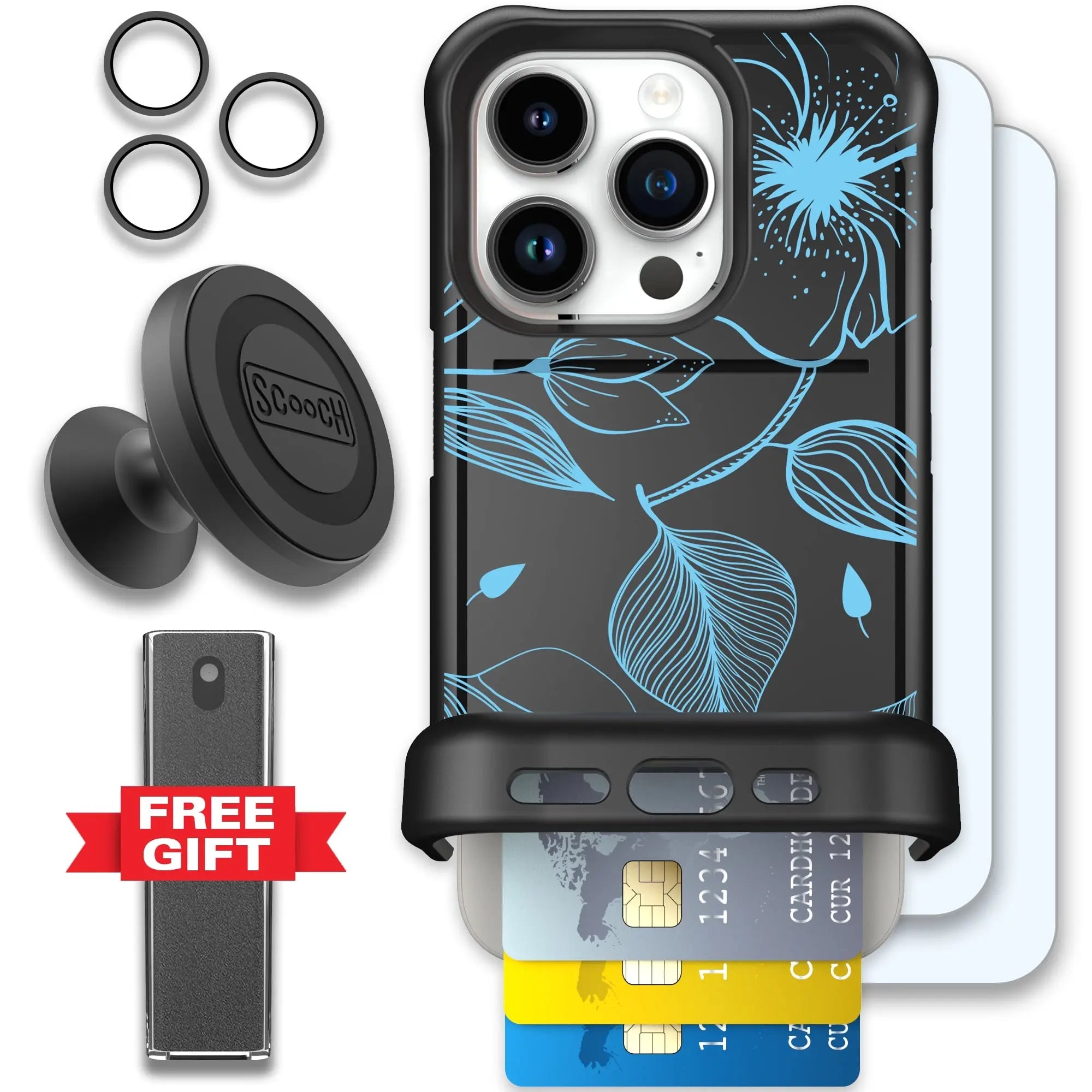 Scooch-Wingmate Defender Bundle for iPhone 15 Pro-Blue-Hibiscus