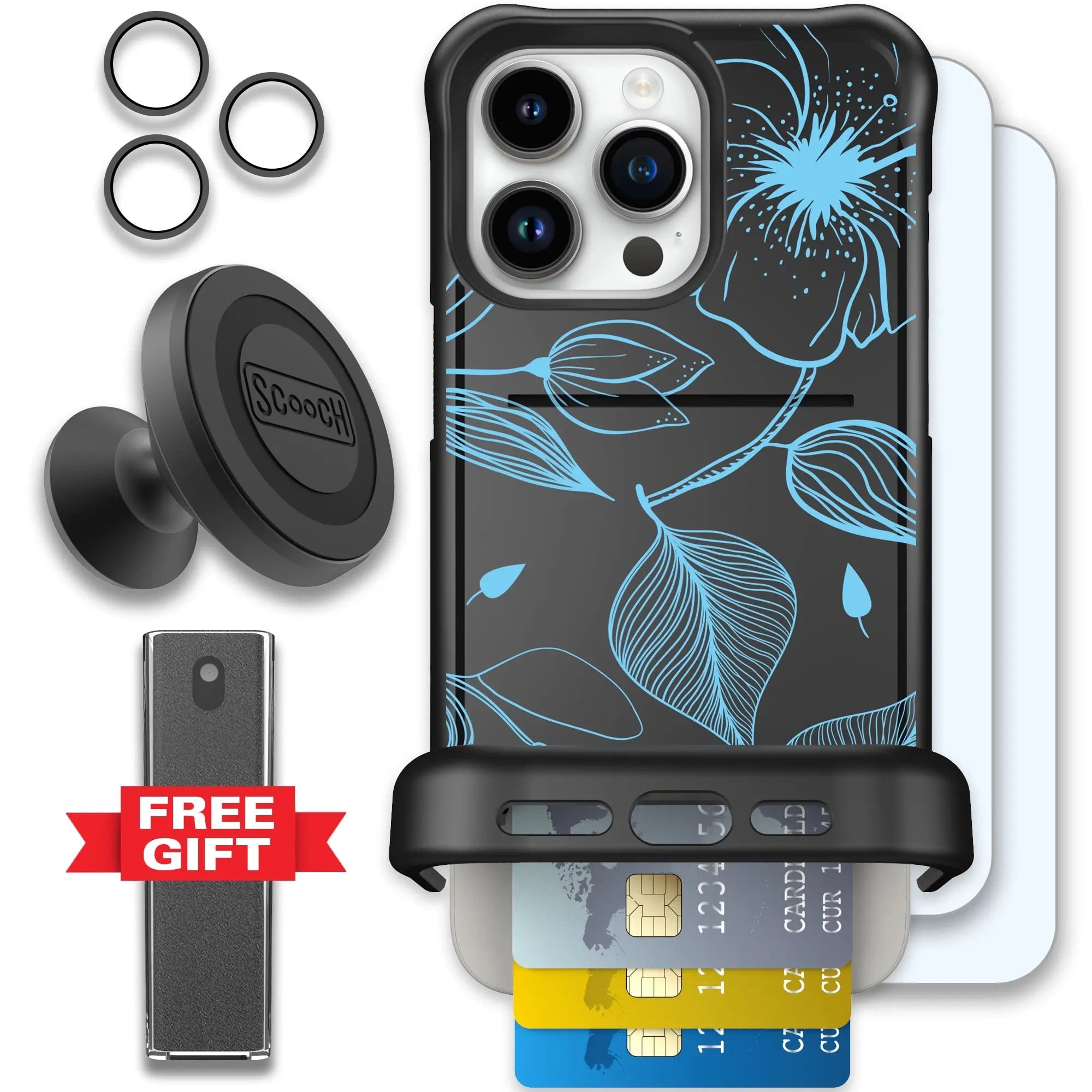 Scooch-Wingmate Defender Bundle for iPhone 15 Pro Max-Blue-Hibiscus