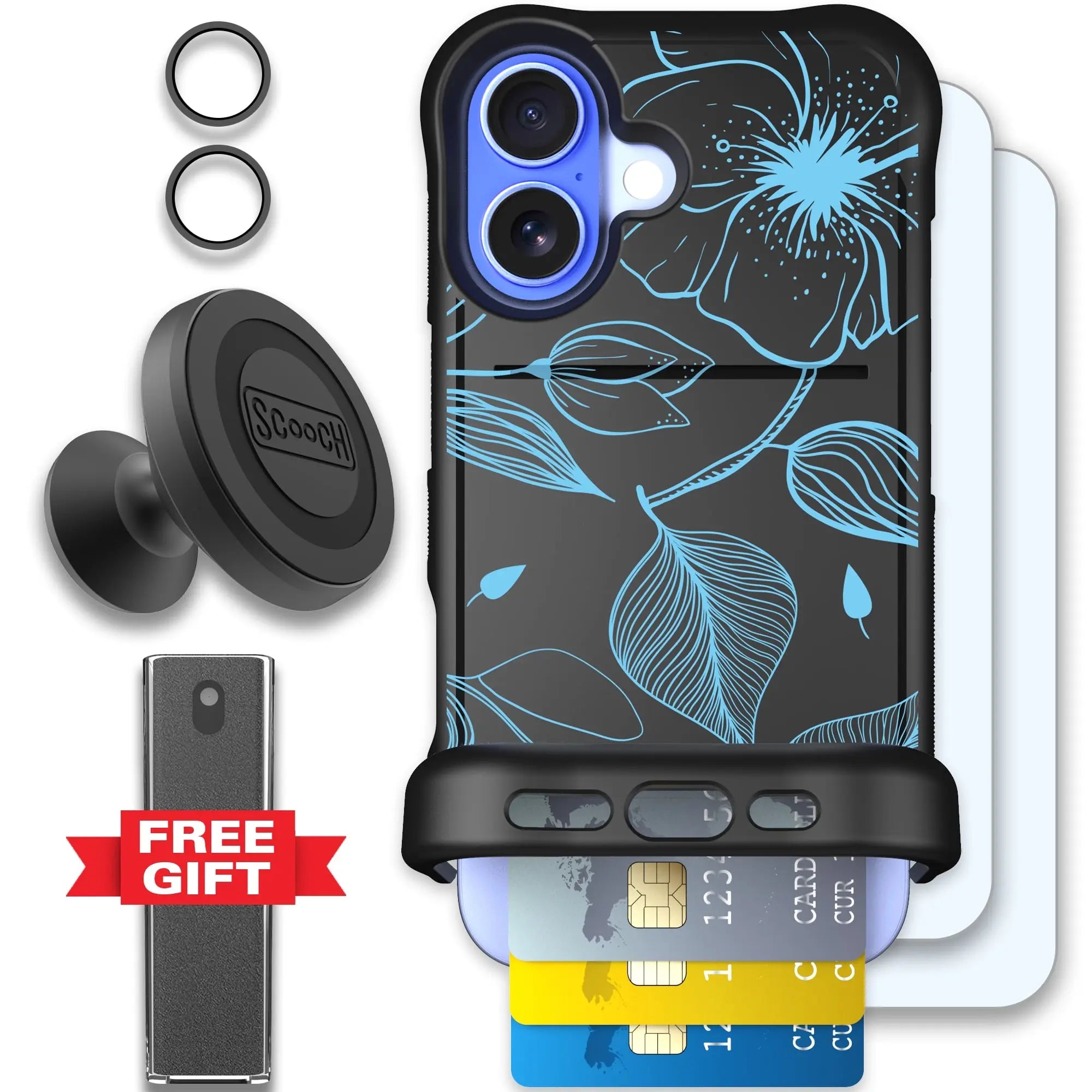 Scooch-Wingmate Defender Bundle for iPhone 16-Blue-Hibiscus