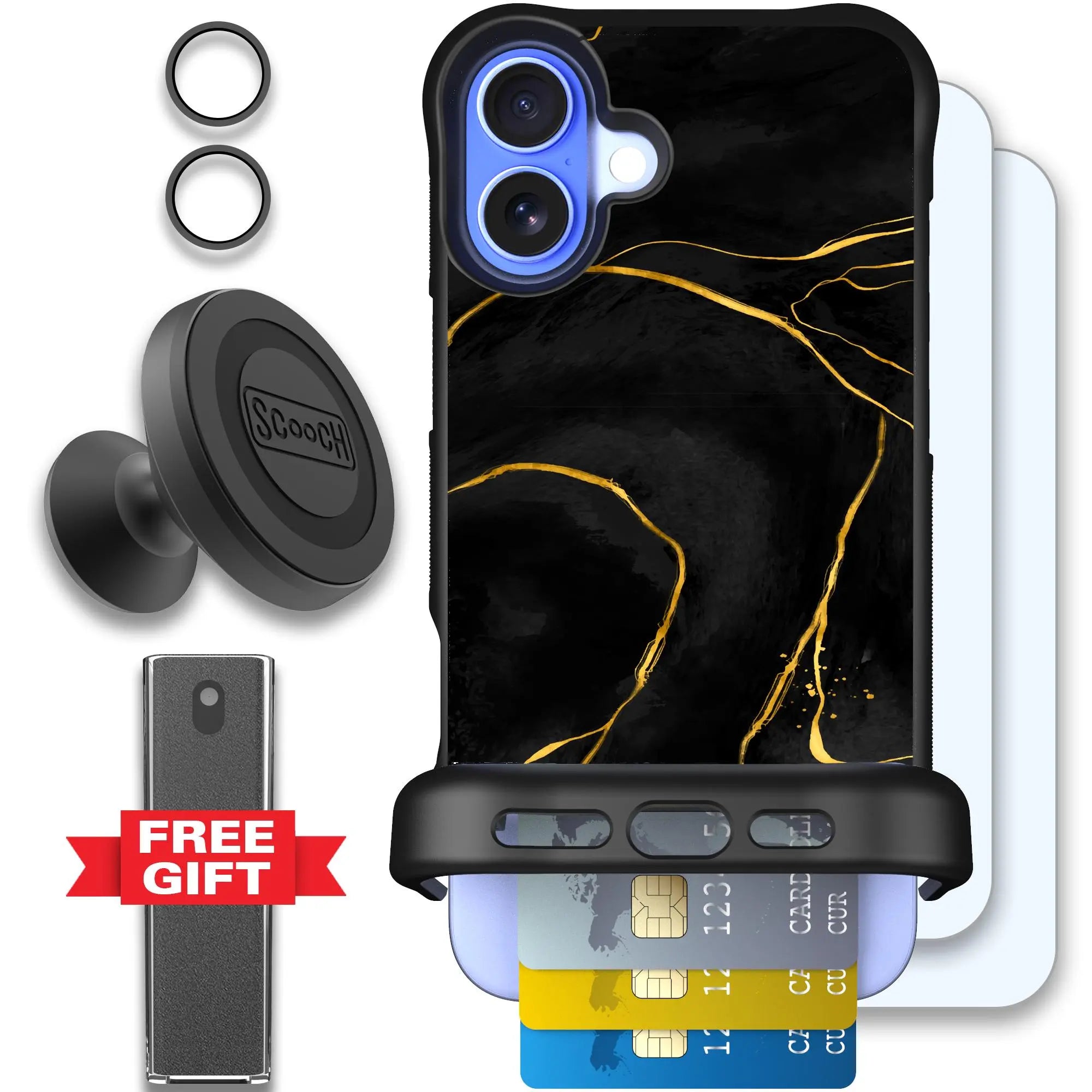 Scooch-Wingmate Defender Bundle for iPhone 16 Plus-Black-Marble