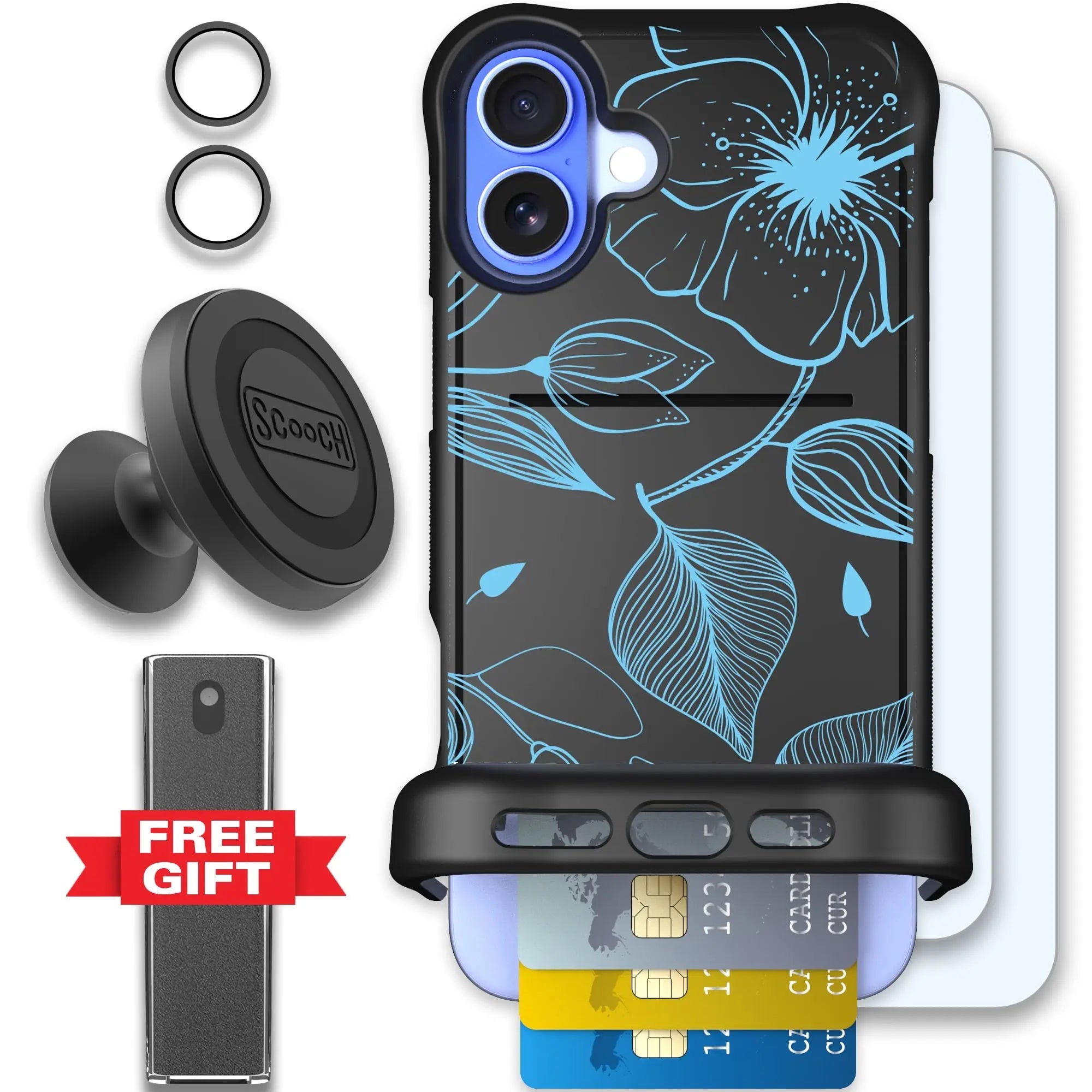 Scooch-Wingmate Defender Bundle for iPhone 16 Plus-Blue-Hibiscus