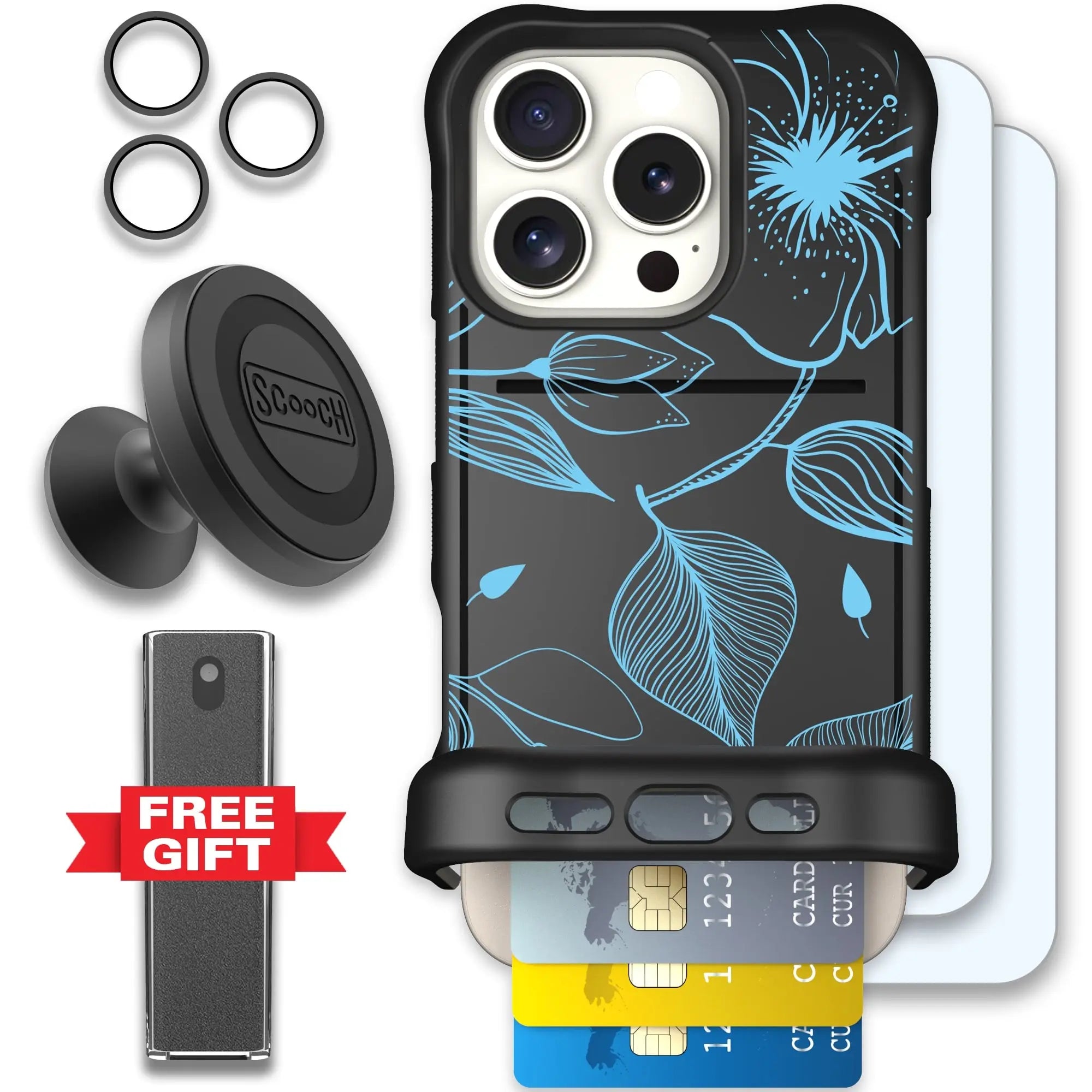 Scooch-Wingmate Defender Bundle for iPhone 16 Pro-Blue-Hibiscus