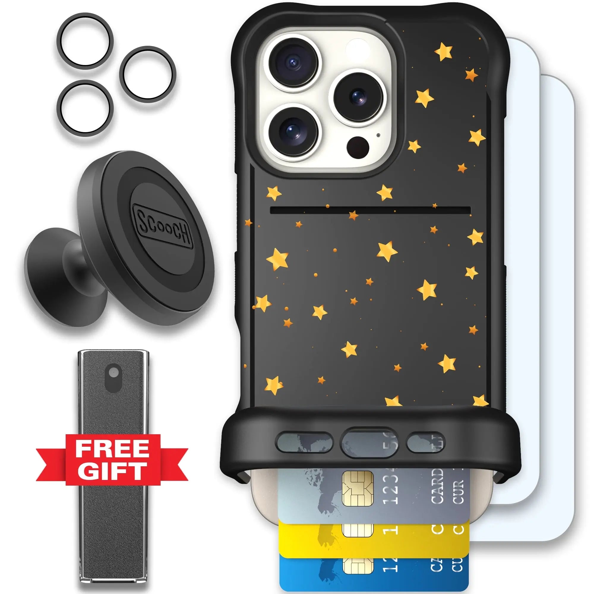 Scooch-Wingmate Defender Bundle for iPhone 16 Pro-Gold-Stars