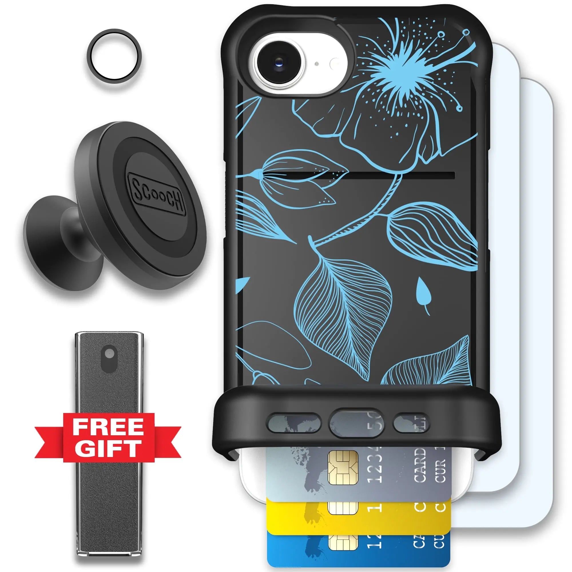 Scooch-Wingmate Defender Bundle for iPhone 16e-Blue-Hibiscus