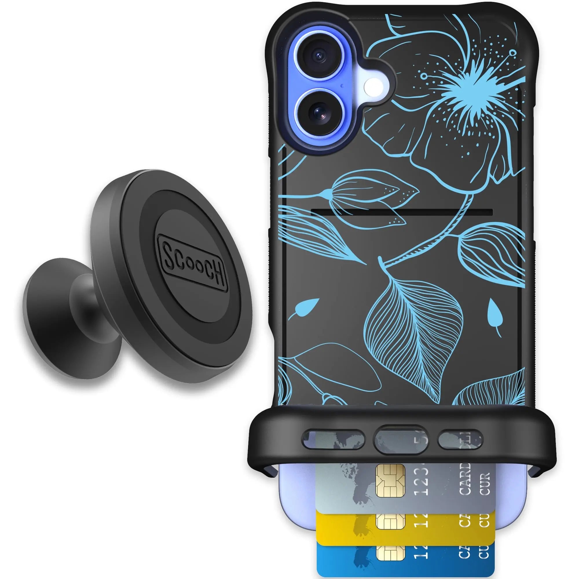 Scooch-Wingmate Starter Bundle for iPhone 16 Plus-Blue-Hibiscus